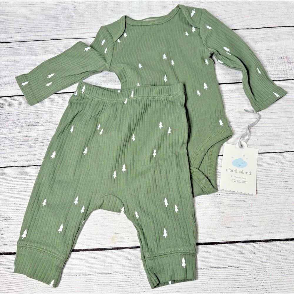Cloud Island 2 Pc Ribbed Bodysuit and Pants Baby Sz 0-3 Mo Green Fir Trees NEW